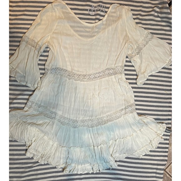 Free People Ivory Lace Tiered Bell Sleeve Mini Dress Boho Festival‎ Size L - Picture 6 of 8
